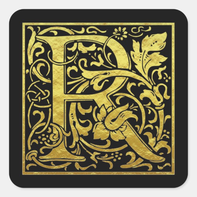 Pegatina Cuadrada Letra R Primera Letra Faux Gold Black (Anverso)