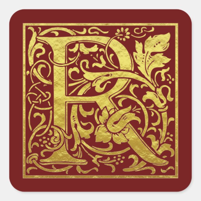 Pegatina Cuadrada Letra R Primera Letra Faux Gold Red (Anverso)