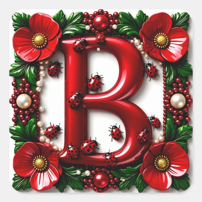 Pegatina Cuadrada 🐞 Letra Roja B Mariquitas Amapolas Perlas  (Anverso)