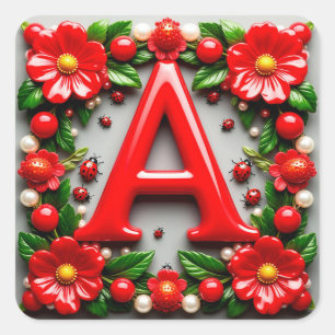 Pegatina Cuadrada 🐞 Letra Roja Decorativa Mariquita Amapola Perla