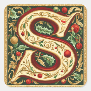 Pegatina Cuadrada Letra roja S de los navidades con vegetación y oro