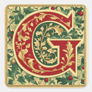 Pegatina Cuadrada Letra roja y dorada G con vegetación Navidad