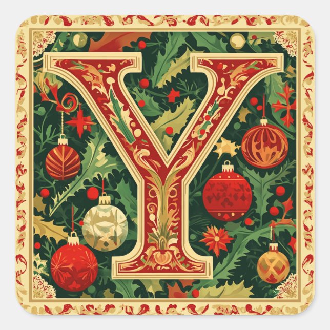 Pegatina Cuadrada Letra roja y navidad con vegetación (Anverso)