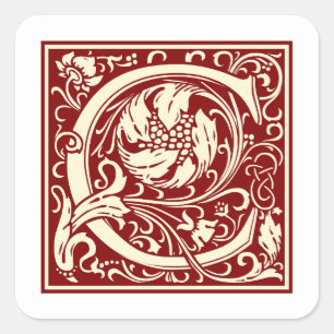 Pegatina Cuadrada Letra William Morris C Monograma Rojo inicial