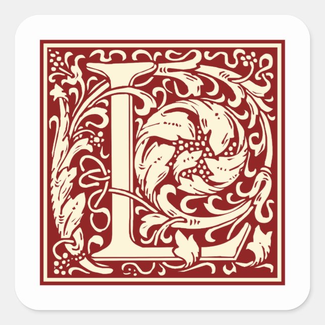 Pegatina Cuadrada Letra William Morris L Monograma rojo inicial (Anverso)