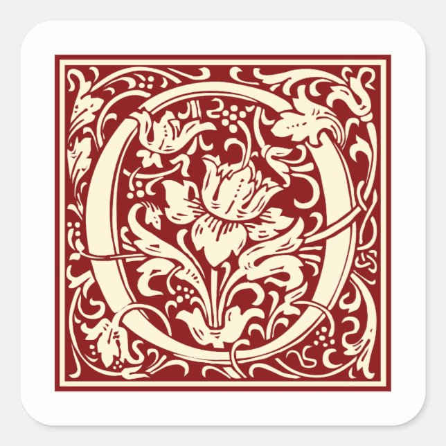 Pegatina Cuadrada Letra William Morris o monograma rojo inicial (Anverso)