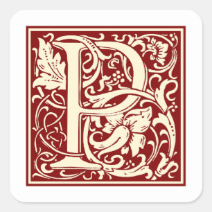 Pegatina Cuadrada Letra William Morris P Monograma rojo inicial