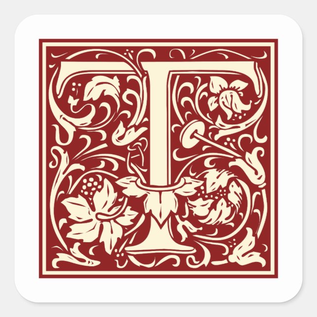 Pegatina Cuadrada Letra William Morris T monograma rojo inicial (Anverso)