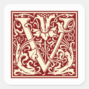Pegatina Cuadrada Letra William Morris V monograma rojo inicial