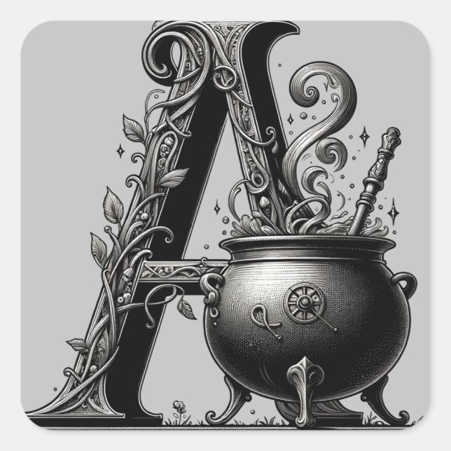 Pegatina Cuadrada Letra witch cauldron witchy Personalizado inicial (Anverso)