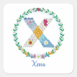 Pegatina Cuadrada Letras de flores "X" iniciales con nombre personal