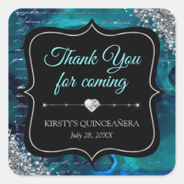 Pegatina Cuadrada Letras de Sirena Iridescente Teal Quinceanera
