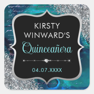 Pegatina Cuadrada Letras de Sirena Iridescente Verde Quinceañera