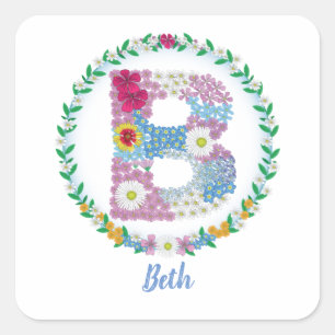 Pegatina Cuadrada Letras florales iniciales "B" con nombre personali