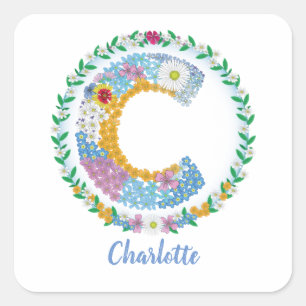 Pegatina Cuadrada Letras florales iniciales "C" con nombre personali