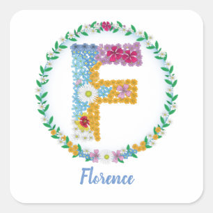 Pegatina Cuadrada Letras florales iniciales "F" con nombre personali