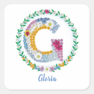 Pegatina Cuadrada Letras florales iniciales "G" con nombre personali