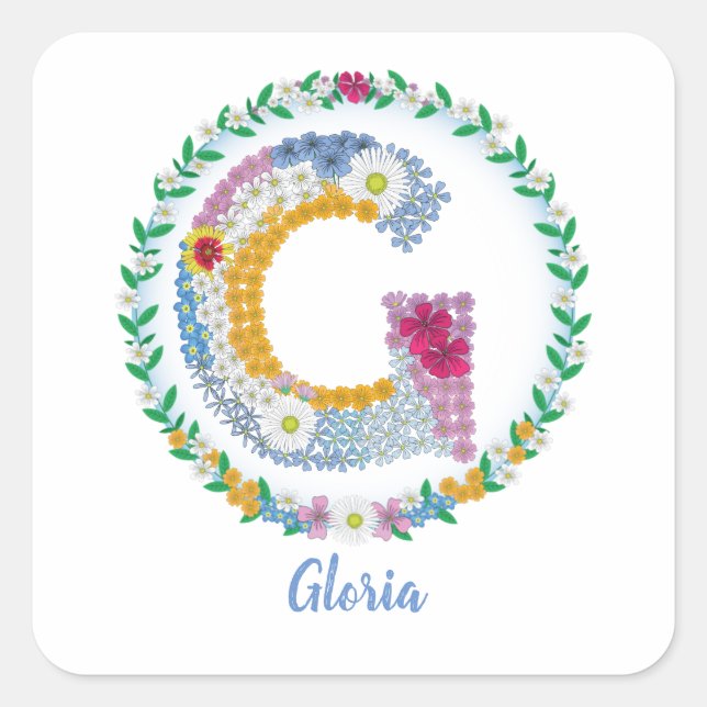 Pegatina Cuadrada Letras florales iniciales "G" con nombre personali (Anverso)