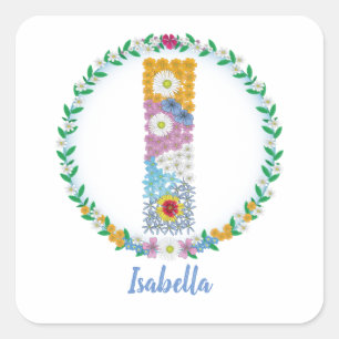 Pegatina Cuadrada Letras florales iniciales "I" con nombre personali