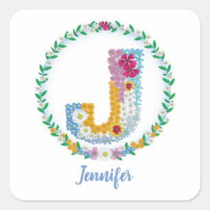 Pegatina Cuadrada Letras florales iniciales "J" con nombre personali