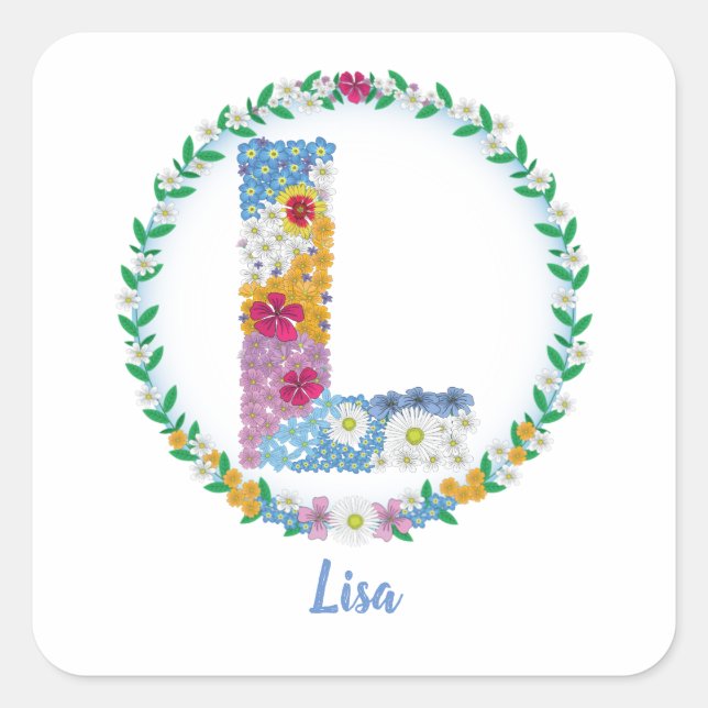 Pegatina Cuadrada Letras florales iniciales "L" con nombre personali (Anverso)