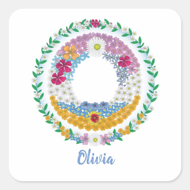 Pegatina Cuadrada Letras florales iniciales "O" con nombre personali (Anverso)
