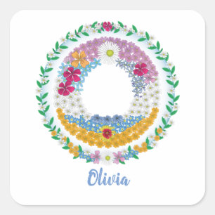 Pegatina Cuadrada Letras florales iniciales "O" con nombre personali