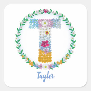 Pegatina Cuadrada Letras florales iniciales "T" con nombre personali