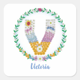 Pegatina Cuadrada Letras florales iniciales "V" con nombre personali