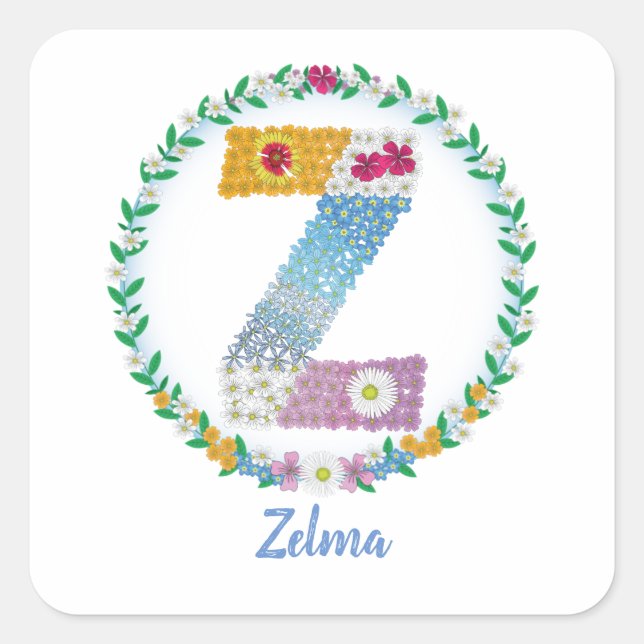 Pegatina Cuadrada Letras florales iniciales "Z" con nombre personali (Anverso)
