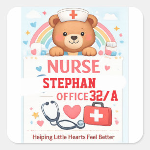 Pegatina Cuadrada Letrero de oso enfermera personalizado, Esc