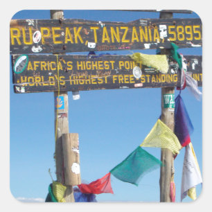 Pegatina Cuadrada Letrero en la cima del Kilimanjaro Kenia