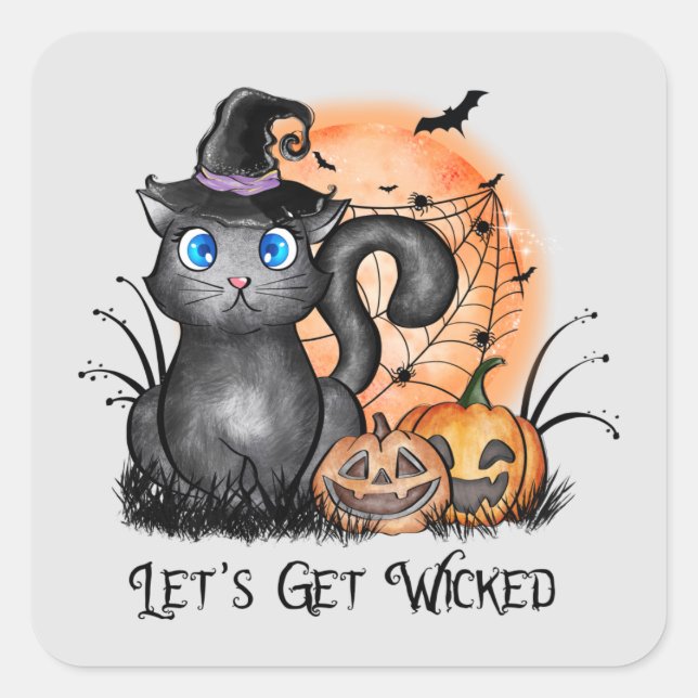 Pegatina Cuadrada Let's Get Wicked | Black Witch Cat (Anverso)