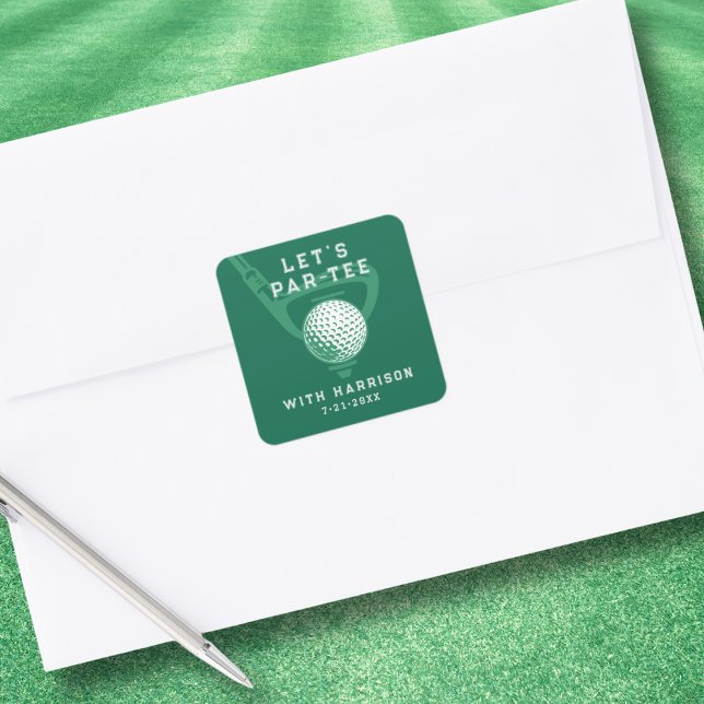 Pegatina Cuadrada Let's Par-tee Golf Theme Birthday Green (Personalize with name & party date.)