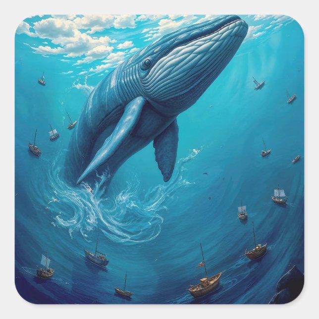 Pegatina Cuadrada Leviathan’s Flight to Freedom – Surreal Whale Art (Anverso)