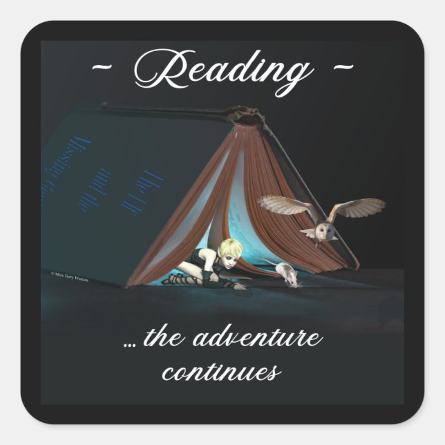 Pegatina Cuadrada Leyendo, la aventura continúa (Anverso)