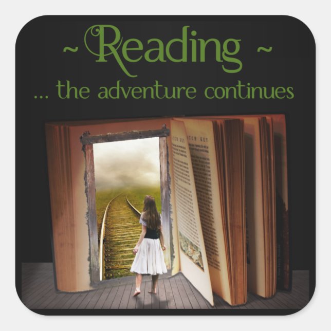 Pegatina Cuadrada Leyendo, la aventura continúa (Anverso)