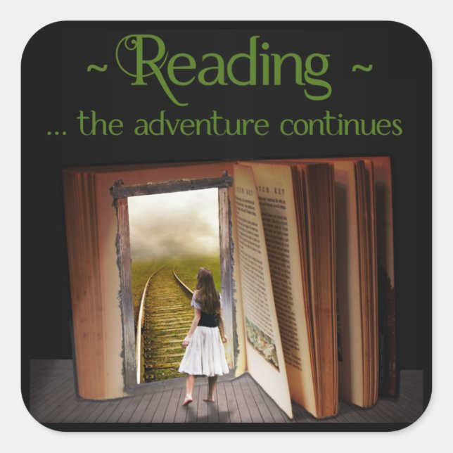 Pegatina Cuadrada Leyendo, la aventura continúa (Anverso)