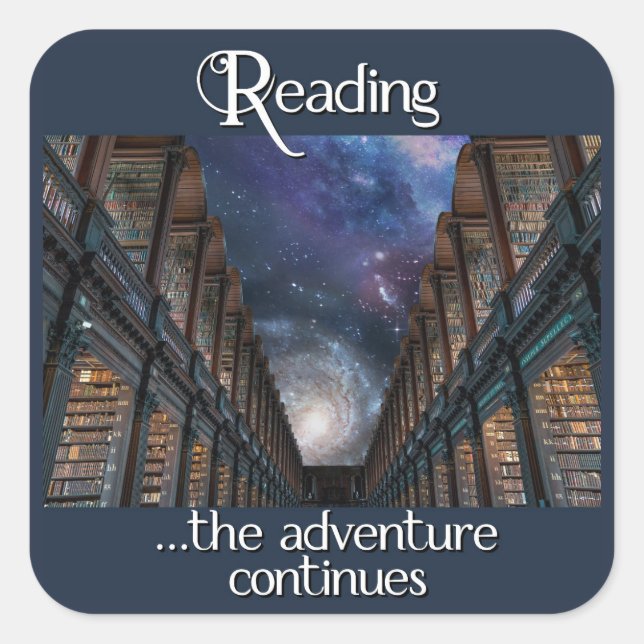 Pegatina Cuadrada Leyendo, la aventura continúa (Anverso)
