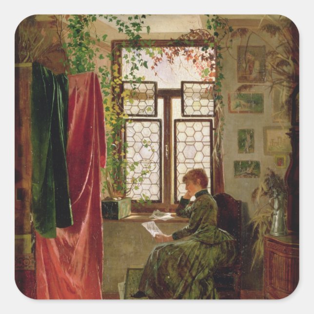 Pegatina Cuadrada Leyendo la carta (Anverso)