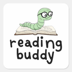 Pegatina Cuadrada Leyendo librero Buddy Cute con libro