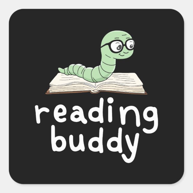 Pegatina Cuadrada Leyendo librero Buddy Cute con libro (Anverso)