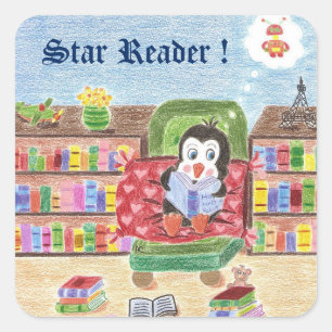 Pegatina Cuadrada Leyendo pingüino , Star Reader , premiando a los p