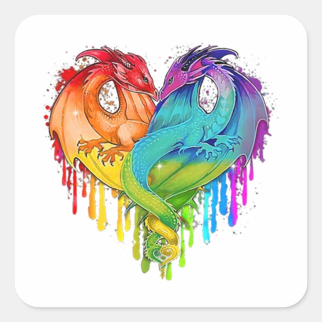 Pegatina Cuadrada Lgbt Dragon Heart Rainbow Heart Dragon Lgbt Pride