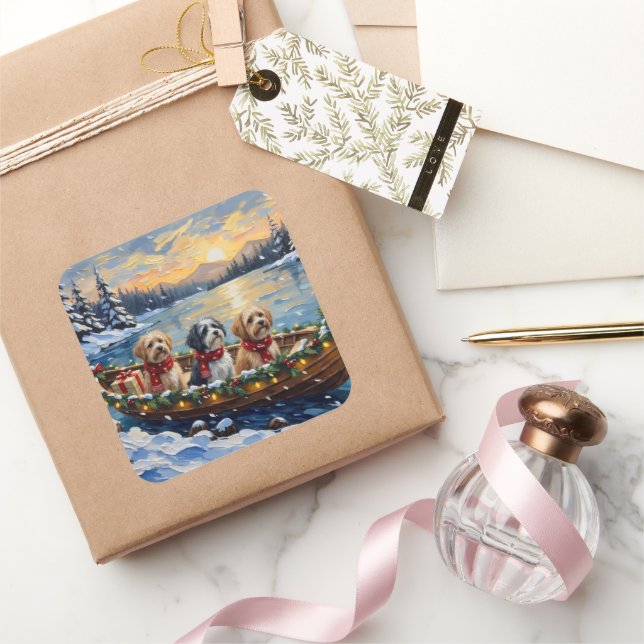 Pegatina Cuadrada Lhasa Apso Christmas Boat Holiday (Regalar)