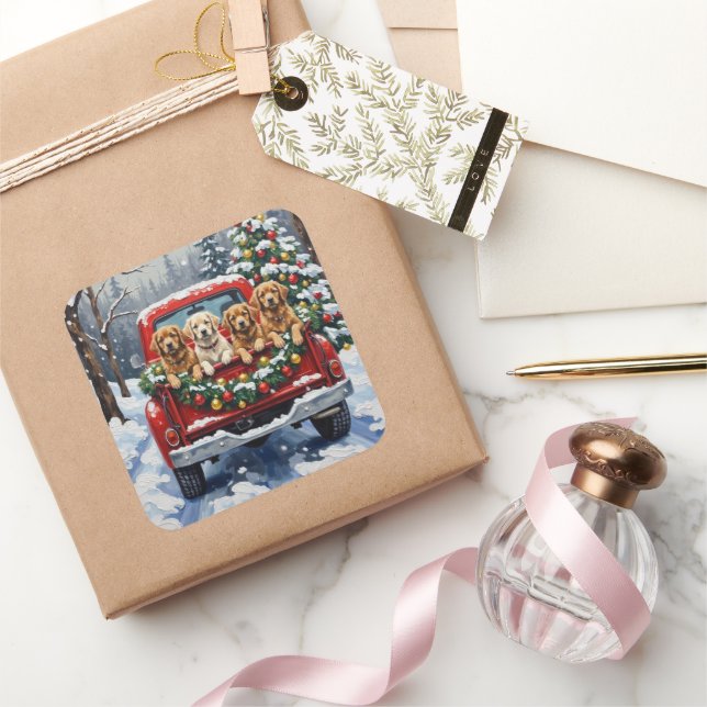 Pegatina Cuadrada Lhasa Apso Christmas Red Truck Holiday (Regalar)