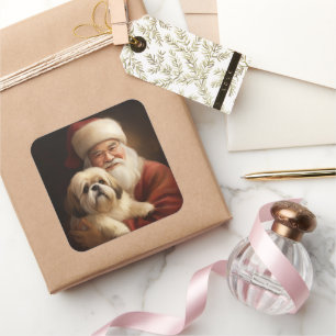 Pegatina Cuadrada Lhasa Apso con Santa Claus Navideño Festivo 