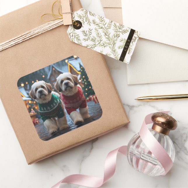 Pegatina Cuadrada Lhasa Apso Dogs Christmas Snow Holiday (Regalar)
