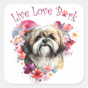 Pegatina Cuadrada Lhasa Apso Mamá Perro Floral