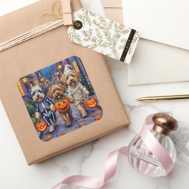 Pegatina Cuadrada Lhasa Apso pidiendo dulces con disfraces de Hallow (Regalar)